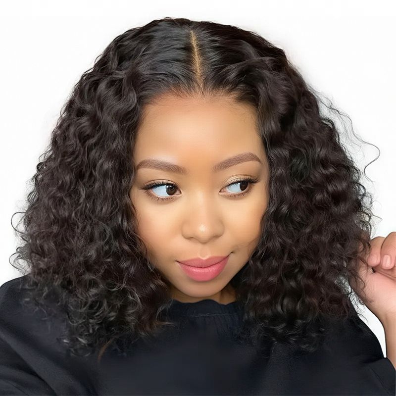 Geebuy 14Inch Peruvian Hair Water Wave Wig 13x4 Curly Bob Full Frontal Wig