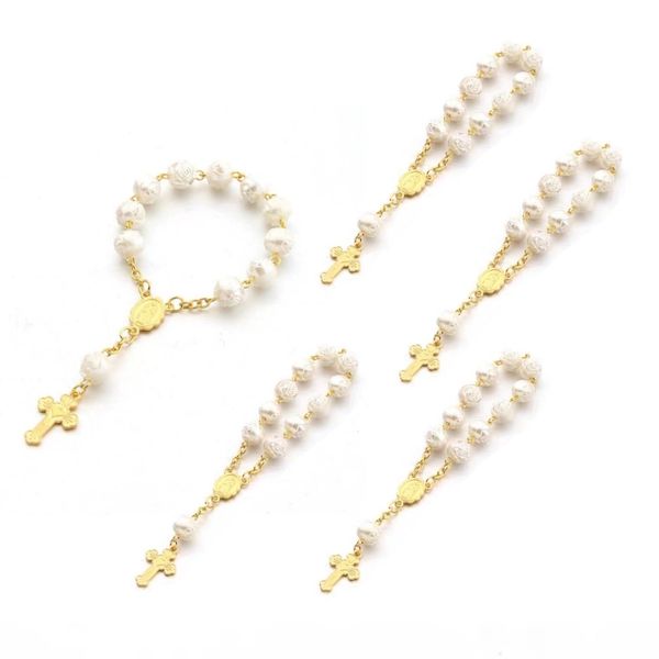 5 Pcs Rose Handheld Rosary BraceletGift Cross Pendant Blessing Decoration