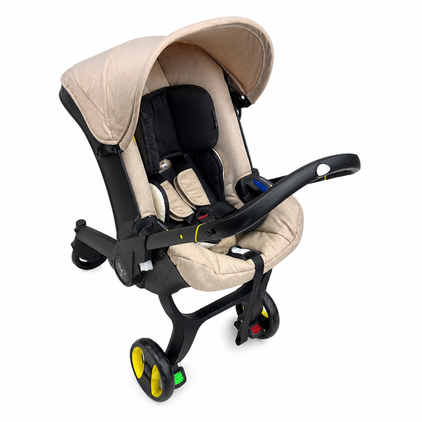 Beige Baby Stroller with Canopy and Yellow Wheels Black Frame