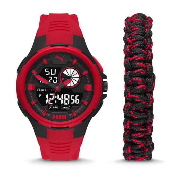 Puma Men's Active Bold Watch &amp; Bracelet Set (P5072) - Analog-Digital Red