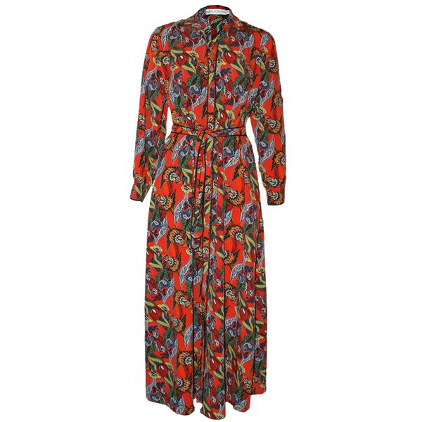 Nucleus Boho Orange Paisley Maxi Shirt Dress with Black Piping