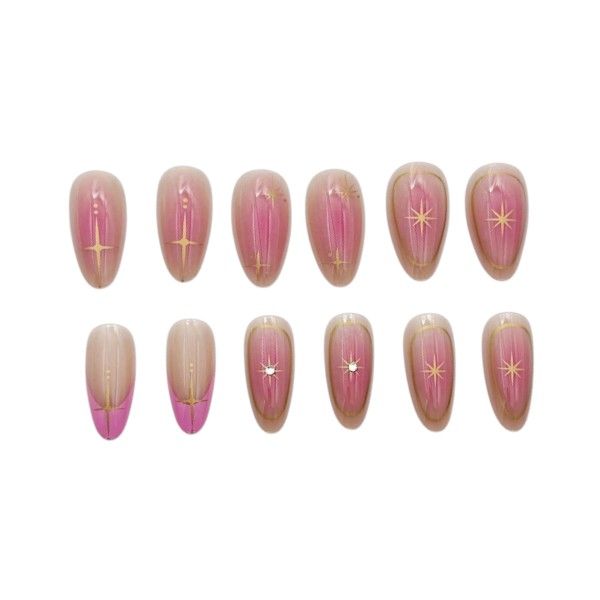 24 Piece - Almond Shaped Aura Press-On Nails With Gold Star Accents - Rose