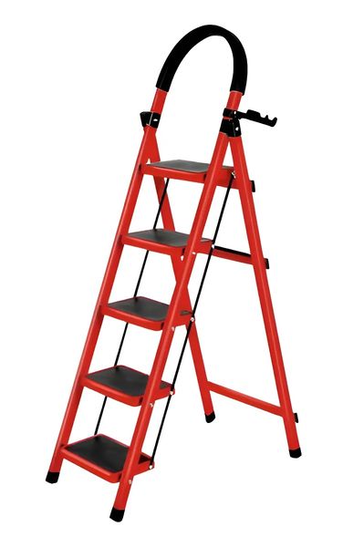 5-Step Heavy-Duty Folding Ladder with Safety Handrail - Red