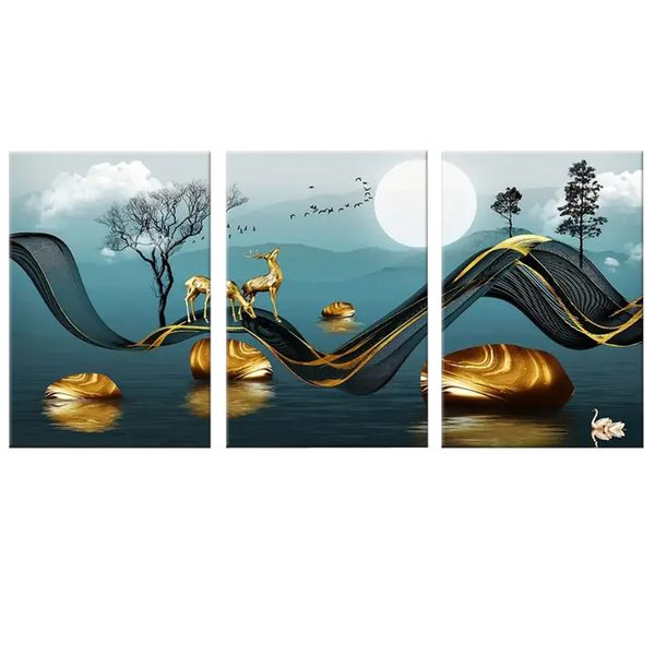 Canvas-Art-3 Pieces Golden Deer &amp; Stone Landscape Wall Art