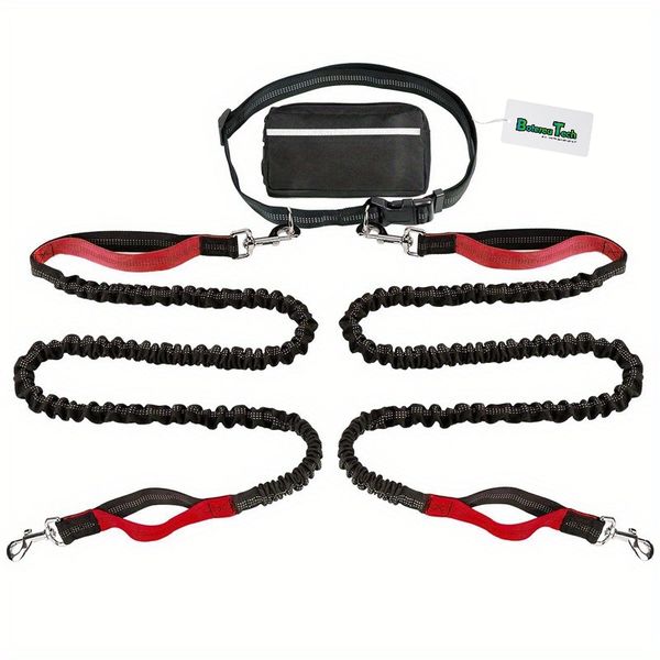 BotereuTech Dog Leash Adjustable Dual Bungee Nylon Red 2.5x118-168CM