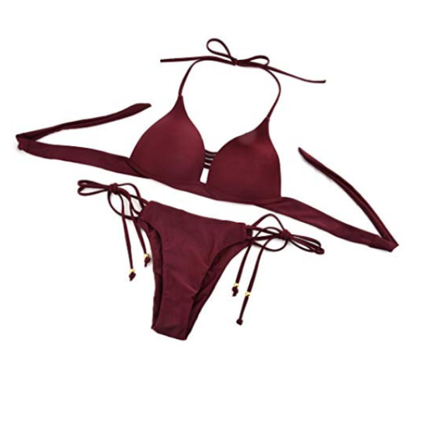 Sunbird Swimwear Leisure-time Peacock, Deep Burgundy Side Tie Bust Strap Matching Bikini