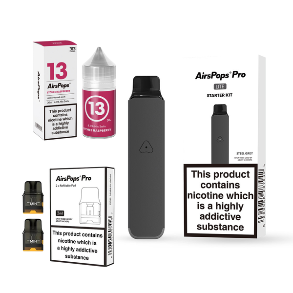 AirScream AirsPops PRO-LITE STEEL GREY, Pro Refillable Pod and 313 E-Liquid
