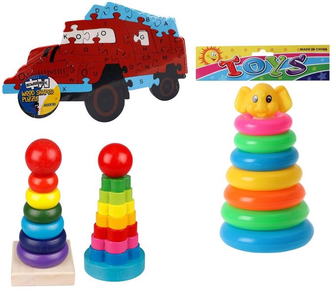 Stacking Set 7 Rings, Wood Stacking Set 5.9x5.9x14cm &amp; Wood Shape Puzzle