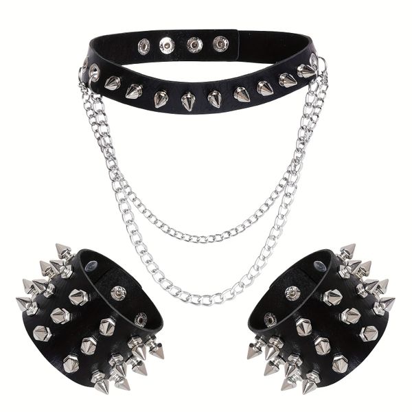 3Pieces Faux Leather Spike Choker Studded Bracelet Cuffs Set Gothic Rivet