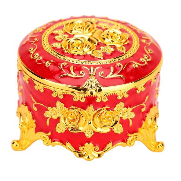 Retro Rose Round Jewelry Box Gold Red Organizer for Earrings &amp; Necklaces