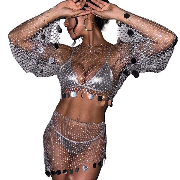 Sequined Fishnet Outfit - Crop Top &amp; Mini Skirt Set, Clubwear