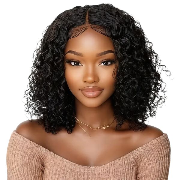 GEEBUY 12" Full Lace Front 13x4 Natural Glueless Curly Wig- Deep Wave Wig