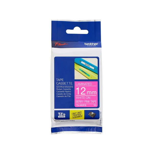 Brother TZe-MQP35 White on Berry Pink Laminated Tape 12mm