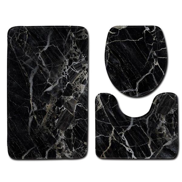 3 Piece Toilet Black Marble Bathroom Set Non-Slip Bath Mat Sets Bath Mat S