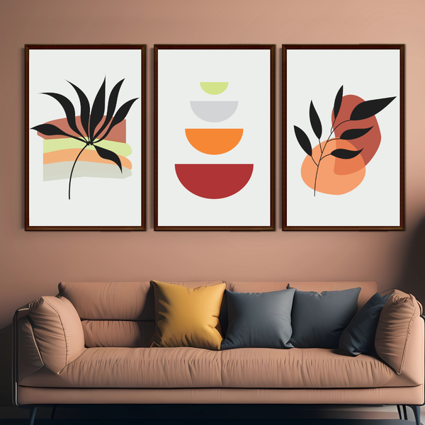 Set of 3 Wall Art Decor Prints - A3 Size - Leaves Orange Shapes (Unframed)