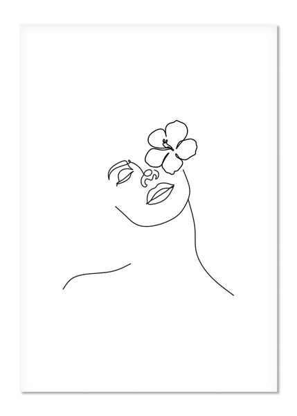 Wall Art Line Art - Abstract Face with Flowers