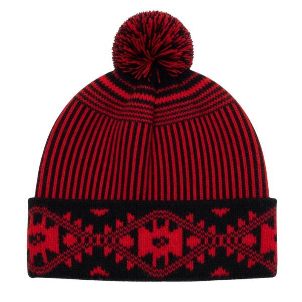 Black &amp; Red Striped Geometric Knitted Beanie with Pom Pom - Winter Hat