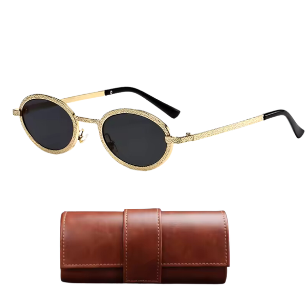 Small Retro Oval Sunglasses for Women Men Trendy Metal Sun Glasses &amp; Case