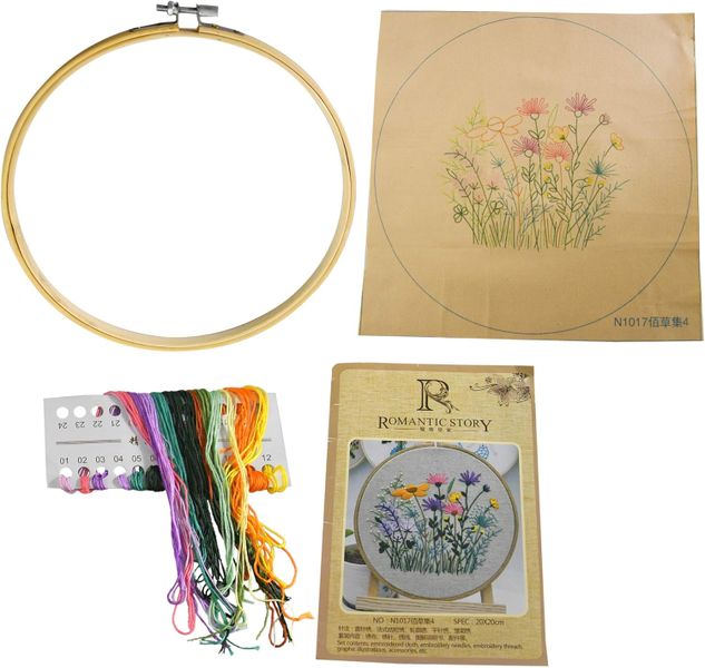 Wooden Embroidery Hoop Starter Kit with Threads, Fabric &amp; Pattern