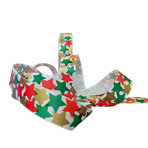 White Satin Ribbon With Christmas Star Design - 50m roll