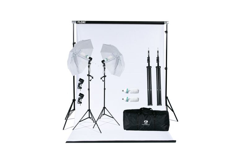 Floxi 300W White 1.37m PVC Backdrop and Umbrella Light Kit Bundle