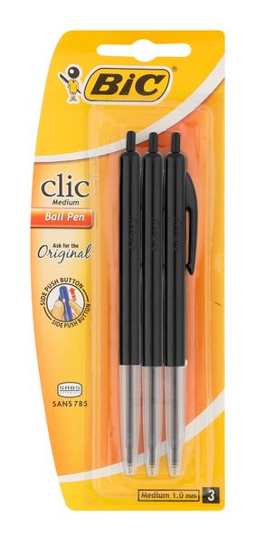 BIC Clic Medium Ballpoint Pens - Black (Blister of 3)
