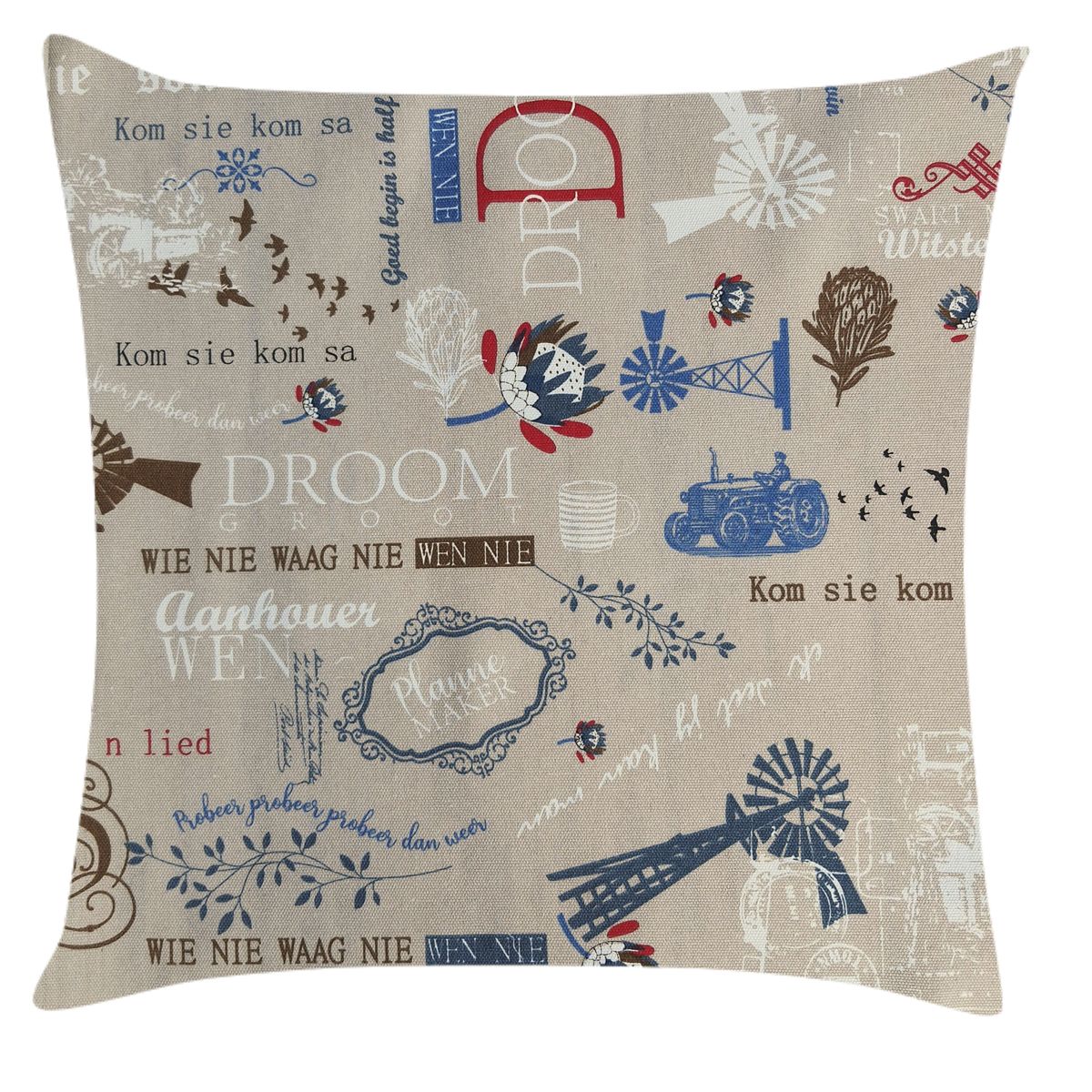 Beige Pillow/Scatter Cushion Windmill/Afrikaans Words/Protea (Inner