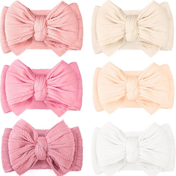 QYNIAL 6 Pack Baby Bow Headbands Nylon Hair Bands Soft Elastic Pink