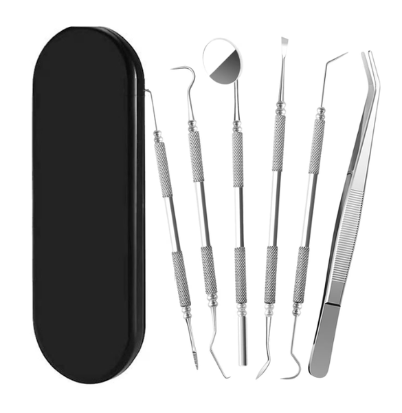 Dental Cleaning Kit, Stainless Steel, 6-Piece Set, including Tweezers