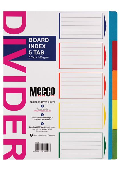 Meeco A4 5 Tab Bright Multi Colour Board Dividers