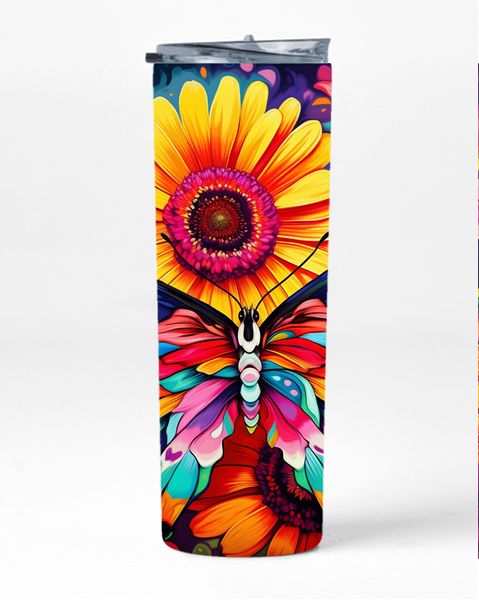 Butterfly With Daisies Gerbera Neon 20 Oz Straight Skinny Tumbler