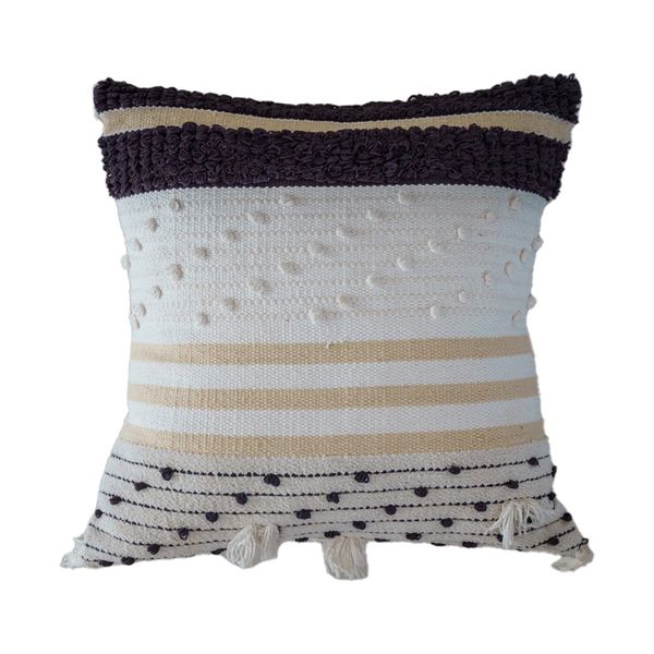 Black and White Boho Cushion Cover with Pom Pom
