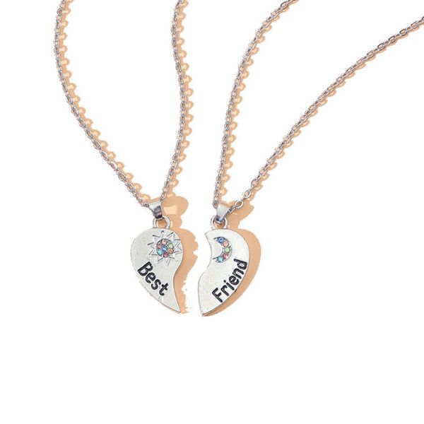 Creative heart-shaped Alloy diamond sun and moon Pendant Necklace