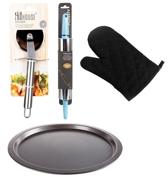 Non Stick Pizza Pan 30x2.5cm + Pizza Cutter + Rolling Pin 35cm + Black Canvas Oven Mitt