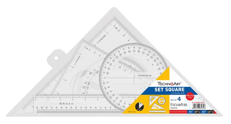 TechnoArt Set Squares Protractor, Ruler - Scholar - Set of 4 - 25cm x 30cm