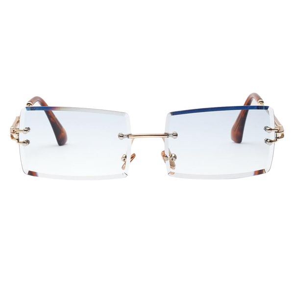 Vintage Rectangle Cut Rimless Sunglasses Designer Tinted Lens Eyewear Blue