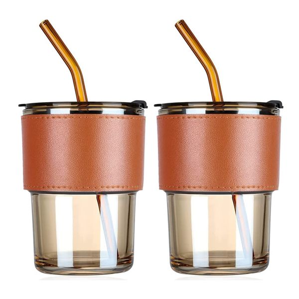 2 Piece 400ml 14 Oz Water Glass With Straw - Lid And Protect Sleeve