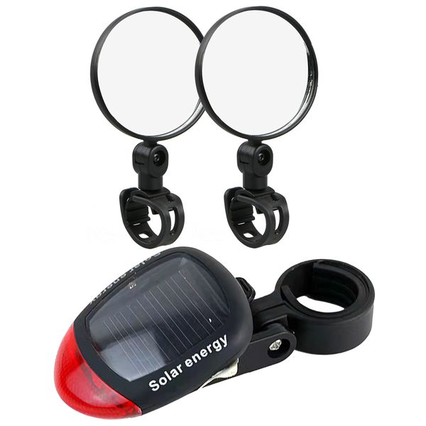 2pcs Oval Bike Mirrors + Solar Bike Tail Light - HD Rearview &amp; Safety Combo