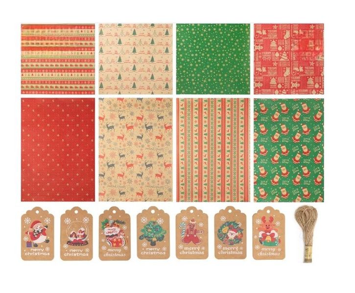 8 Pk 70cm x 50cm Christmas Wrapping with Twine &amp; Tags