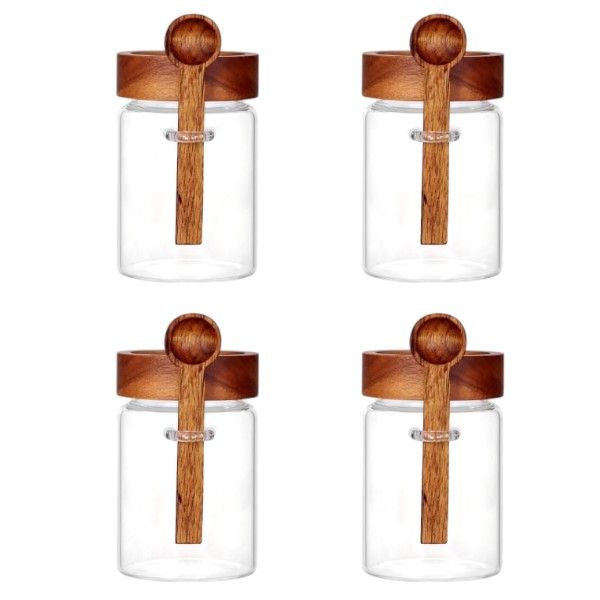 4-Piece Glass Storage Jar Set with Wooden Lid and Spoon-Airtight Containers