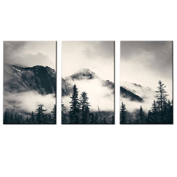 Canvas-Art-3 Pieces Black and White Tree Fog Mountain Wall Art