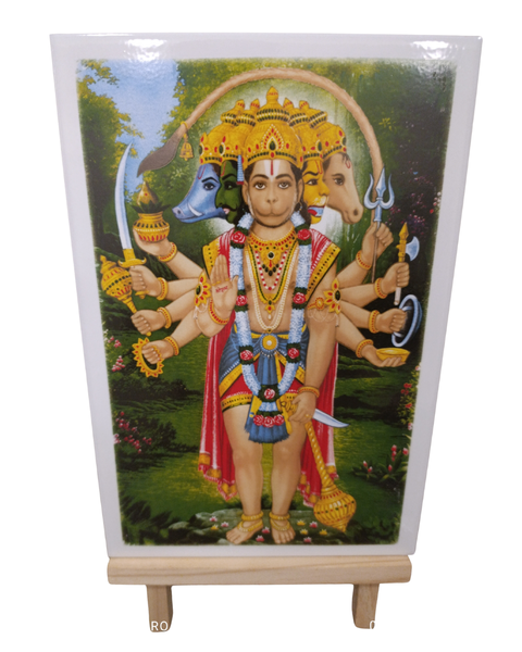 Hindu Religious Tile Ceramic Glazed - Hanuman Panchmukhi + Easel Stand