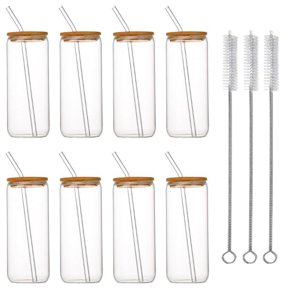 8 Pack Glass Drinking Cups with Bamboo Lids &amp; Straws