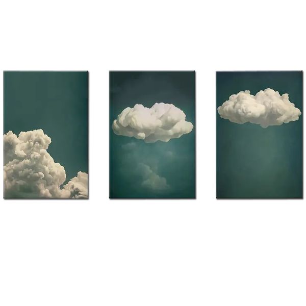 Canvas-Art-3 Pieces White Clouds &amp; Green Sky Minimalist Wall Art