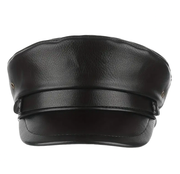 Rizelli Black PU Leather Flat Top Cap - Lightweight Artist &amp; Newsboy Style