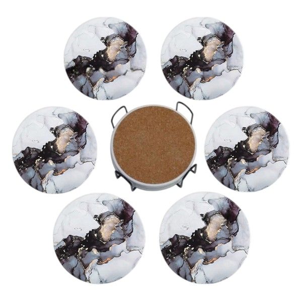 Set of 6 Abstract Marble-Style Coasters with Metal Holder Stand - Blue