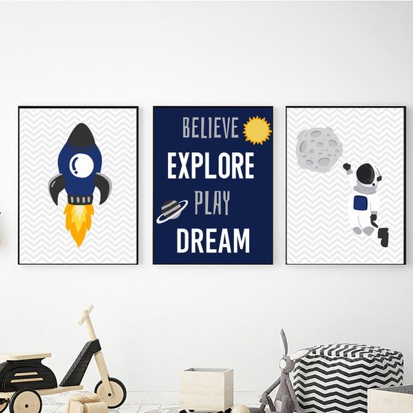 Space Believe Explore Play Dream - A2 - Canvas (3.5cm ) -Set Of 3
