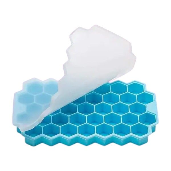 Silicone Honeycomb Shaped Ice Cube Tray With Lid - Blue