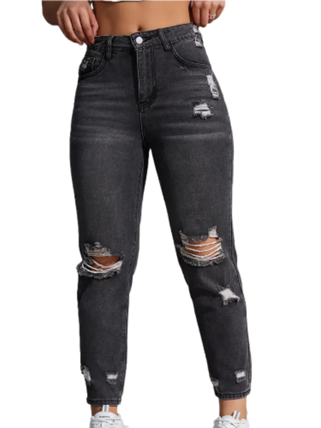 Vintage-Inspired Distressed Slim Fit Straight-Leg Jeans
