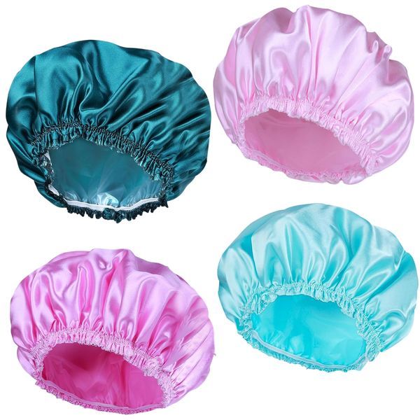 Bestby - 4 Reusable Double-Layer Waterproof Satin Shower Caps for Women